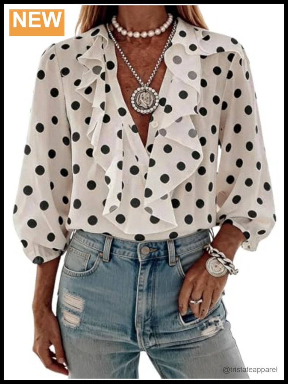 Women's Polka Dot Ruffle Blouse 3/4 Sleeve